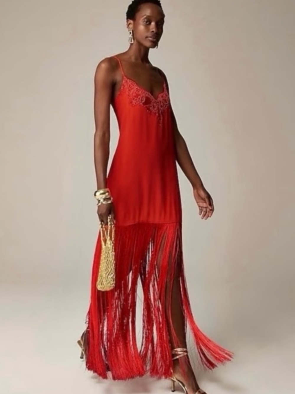 J. Crew Red Fringe Slip Maxi Dress with Lace Detail